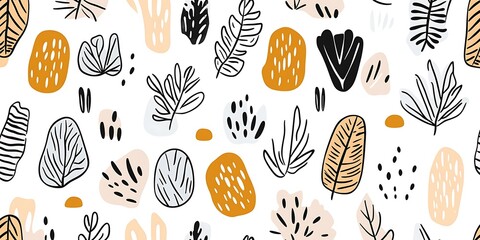 Abstract seamless pattern with hand-drawn leaves, shapes, and dots in orange, black, and beige on white background.