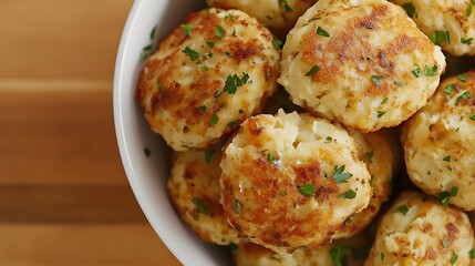 Golden Brown Potato Balls in a White Bowl