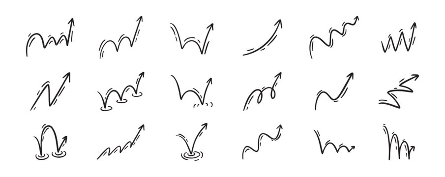 Bounce effect arrows doodle set. Manga and comic stile arrow design elements. Ball jump trajectory, ball motion expression