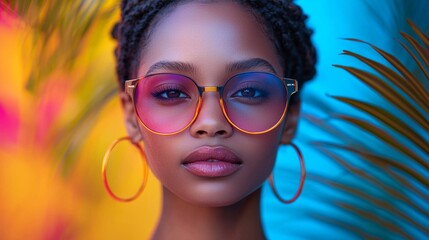 Stylish woman wearing bright sunglasses in colorful light
