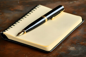 Elegant fountain pen rests on a blank spiral notebook, suggesting writing, ideas, or journaling.  Perfect for business, education, or creative concepts.