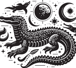 Crocodile Silhouette line art vector illustration on white background