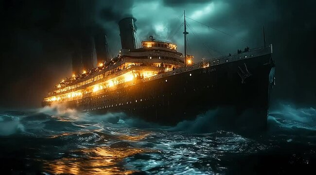 Cruise is sinking in to the ocean at the dark night.