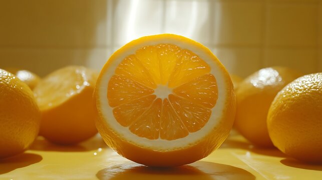 Halved orange among whole oranges, backlit.