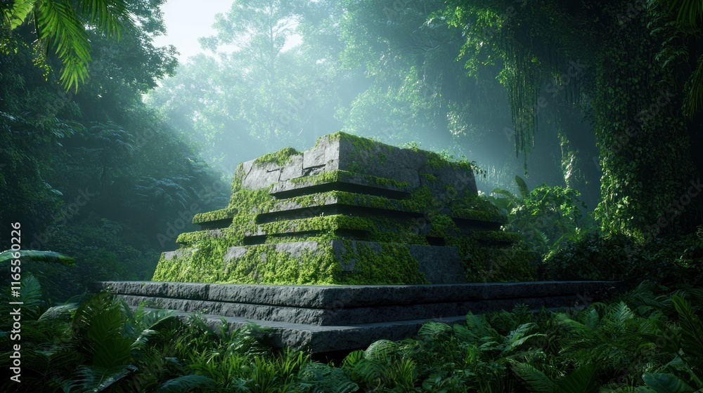 Poster ancient stone structure covered in lush greenery within a jungle.