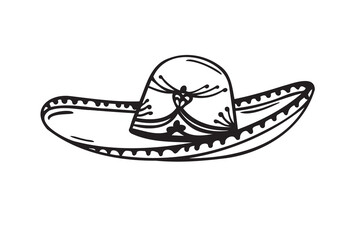 Hand drawn Mariachi hat illustration. Doodle mariachi hat. Sketch of mariachi hat isolated on white background. Sketch of sombrero. Vector illustration.