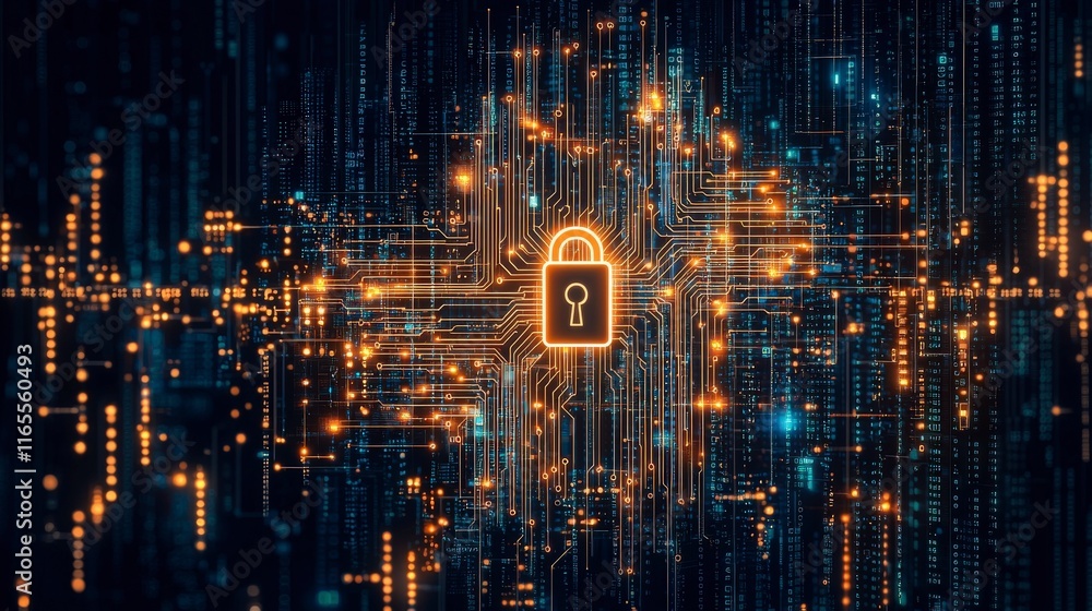 Poster digital illustration of a glowing padlock symbol surrounded by interconnected data lines, representi