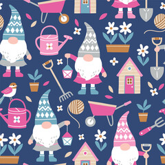 Seamless vector pattern with cute busy gnomes and gardening tools. Hand drawn fairy dwarf on floral background. EPS 10 vector file. Perfect for textile, wallpaper or nursery print design.