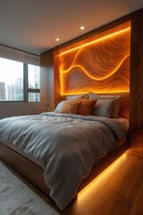Minimalist bedroom design featuring floating bed and high fidelity lighting urban apartment interior modern ambiance cozy retreat