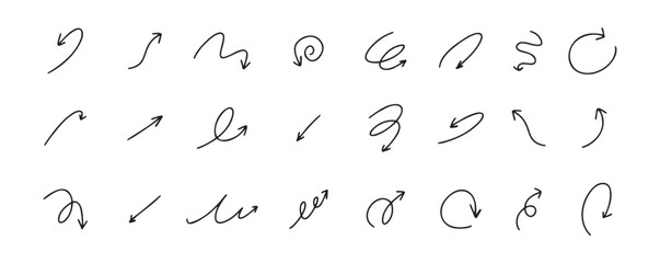 Doodle spiral arrows set. Hand drawn arrows. Design quirky twist line, curve wave arrow. 