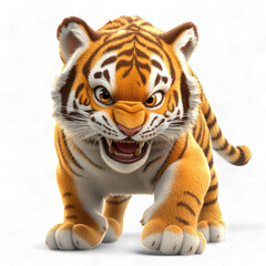 Obraz premium 3D Cartoon tiger prowling confidently with alert eyes and sharp teeth isolated on transparent background PNG