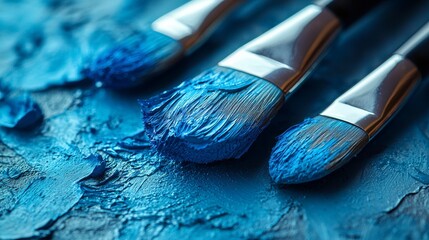 Artistic blue paintbrushes on a textured surface