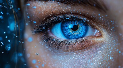 Close-up of a radiant blue eye with water droplets