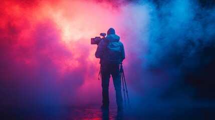Fototapeta premium Silhouetted photographer amidst dramatic blue and red smoke