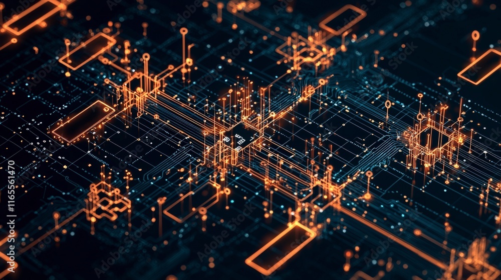 Poster abstract digital network with glowing orange connections and a dark background, representing technol