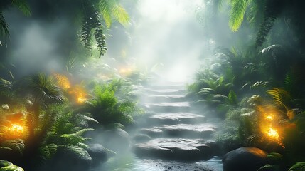 Obraz premium Misty Jungle Path Leads to Sunlight Through Lush Foliage