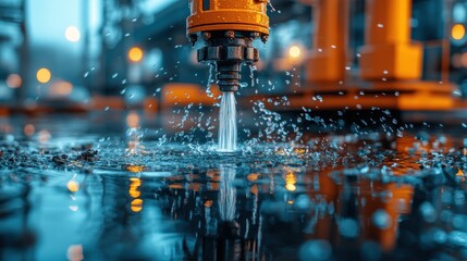 Industrial water jet drilling machine in action, high-pressure water jet cutting, powerful water stream, powerful water jet, precision water jet, industrial water jetting, water jet