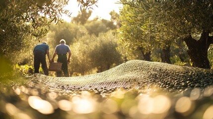 Olive trees in a Mediterranean setting, with farmers shaking olives onto a large net. 