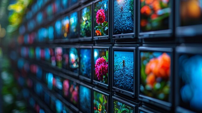 Wall of colorful digital screens in a futuristic setting