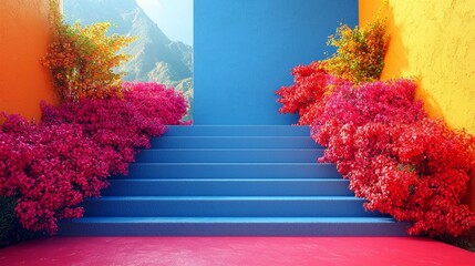 Colorful staircase with vibrant red plants