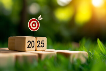 Achieve your goals in 2025 with target icon on wooden cubes, symbolizing focus and determination. This captures essence of planning and ambition in vibrant setting