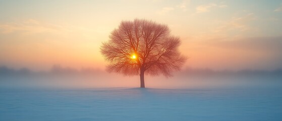 Solitary tree in a foggy winter sunrise.