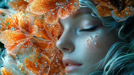 Artistic portrait of a woman surrounded by orange fish