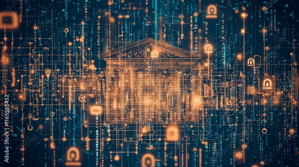 Poster digital representation of a bank with data streams, symbols of security, and glowing elements, illus