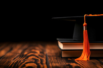 Graduation cap with orange tassel resting on stacked books, symbolizing academic achievement and success. wooden table adds warmth to scene
