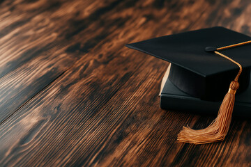 black graduation cap rests on stack of books, symbolizing academic achievement and success. wooden table adds warmth to this celebratory scene
