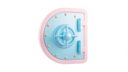 A colorful, cartoonish vault door with a pink frame and a blue face, featuring a round lock mechanism.