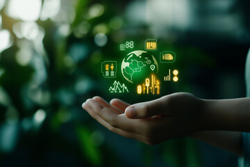 Hands holding virtual Earth icon with green elements, symbolizing sustainability and technology. image conveys sense of hope and innovation for future