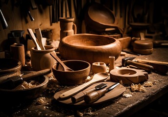 A carpenter's workshop with an emphasis on handcrafted wooden items such as bowls, dishes and decorative items
