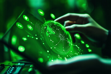 person hands interact with glowing virtual Earth, surrounded by energy icons, showcasing technology and innovation. vibrant green colors enhance futuristic feel
