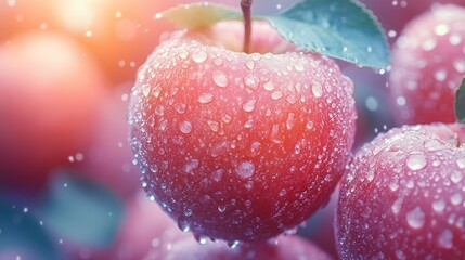 Close-up of fresh apples with dew drops in soft lighting
