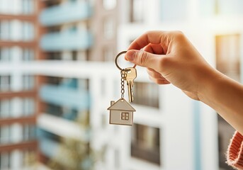 Close up of hand holding key with house shaped keychain, symbolic moment of ownership