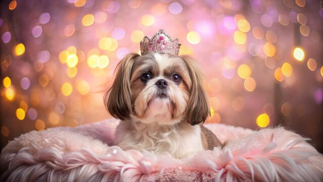 Adorable Shih Tzu Puppy in Jeweled Crown, Dreamy Pink Bokeh, Royal Pet Portrait