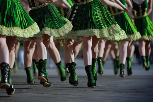 Traditional Irish dancers in matching outfits performing a synchronized step dance.