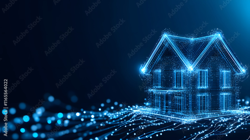 Poster digital house illustration with blue glowing lines and dots on a dark background