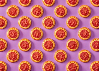 Aerial View Pepperoni Pizza Pattern on Purple Background - Abstract Food Texture