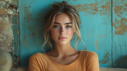Fototapeta premium Young woman with a calm gaze against a rustic wall