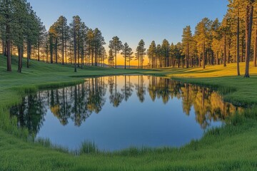 Fototapeta premium Serene sunrise over a tranquil golf course pond, reflecting trees and sky.