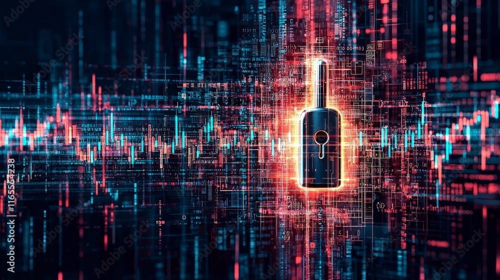 Poster digital illustration of a padlock surrounded by abstract data patterns and vibrant colors, symbolizi