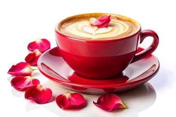 Fototapeta premium Aromatic Cappuccino with Rose Petals in Red Cup - Stock Photo