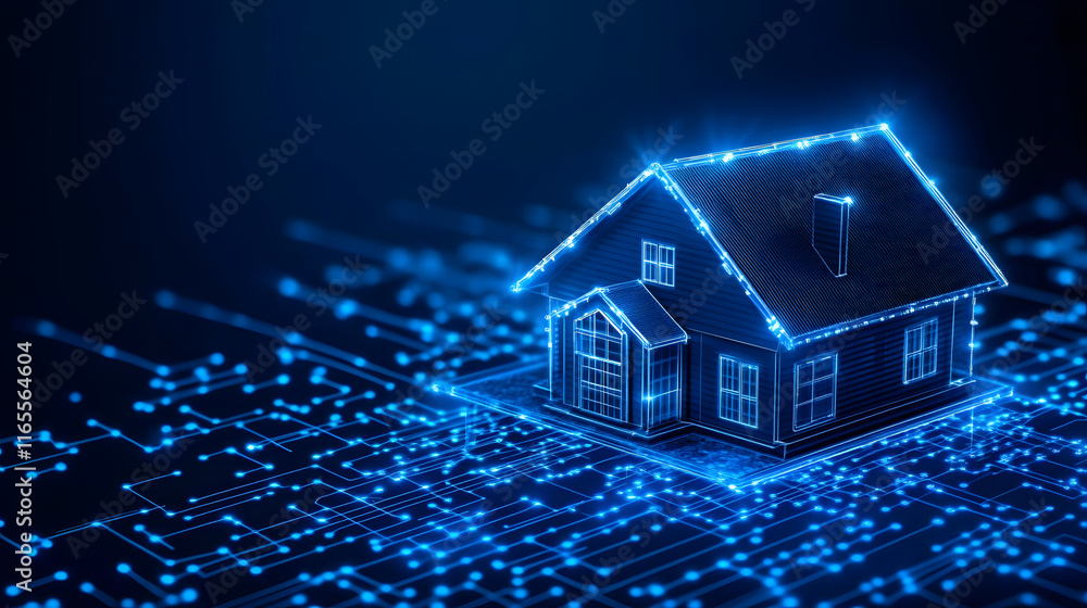 Poster Digital house design with glowing lines and circuitry on a dark background