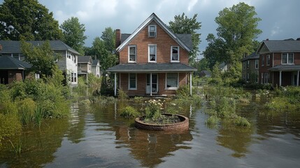 Flooded neighborhood, brick house, overgrown vegetation.