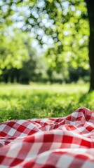 A vibrant checkered picnic blanket spread on a lush green lawn under a canopy of trees, a perfect summer day.  A scenic view of nature, ideal for a fun-filled outdoor celebration.