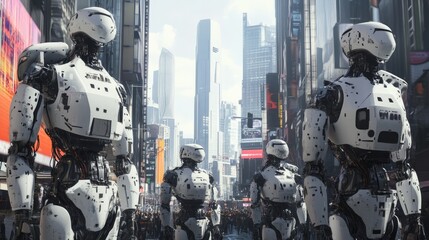 Fototapeta premium Robots coexisting with humans in a high-tech society