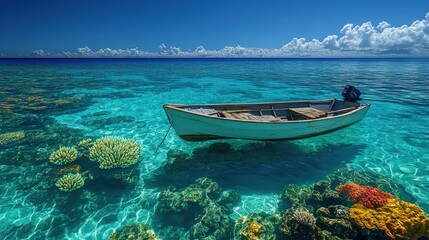 Fototapeta premium Small boat floats above vibrant coral reef.