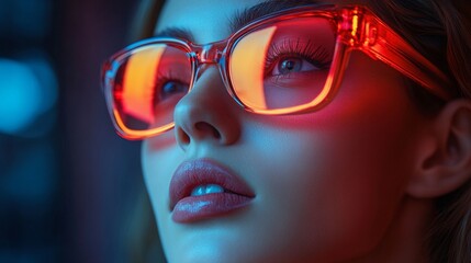 Stylish woman in neon light wearing large sunglasses